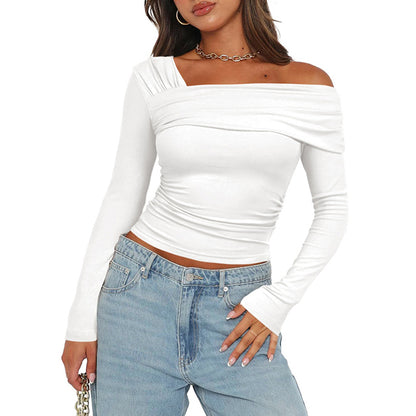 Cutenova Basic Undershirt Slash Off Shoulder Full Sleeve Shirt Shrunk Soft T-shirt Autumn Versatile Street Daily Top