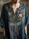 Vintage Cotton And Linen Tie-dye T-shirt With Dragonfly And Flower Pattern, V-neck, Short Sleeve elevenforest