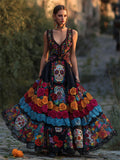 Day Of The Dead Sugar Skulls Colorful Roses Flowy Maxi Dress elevenforest