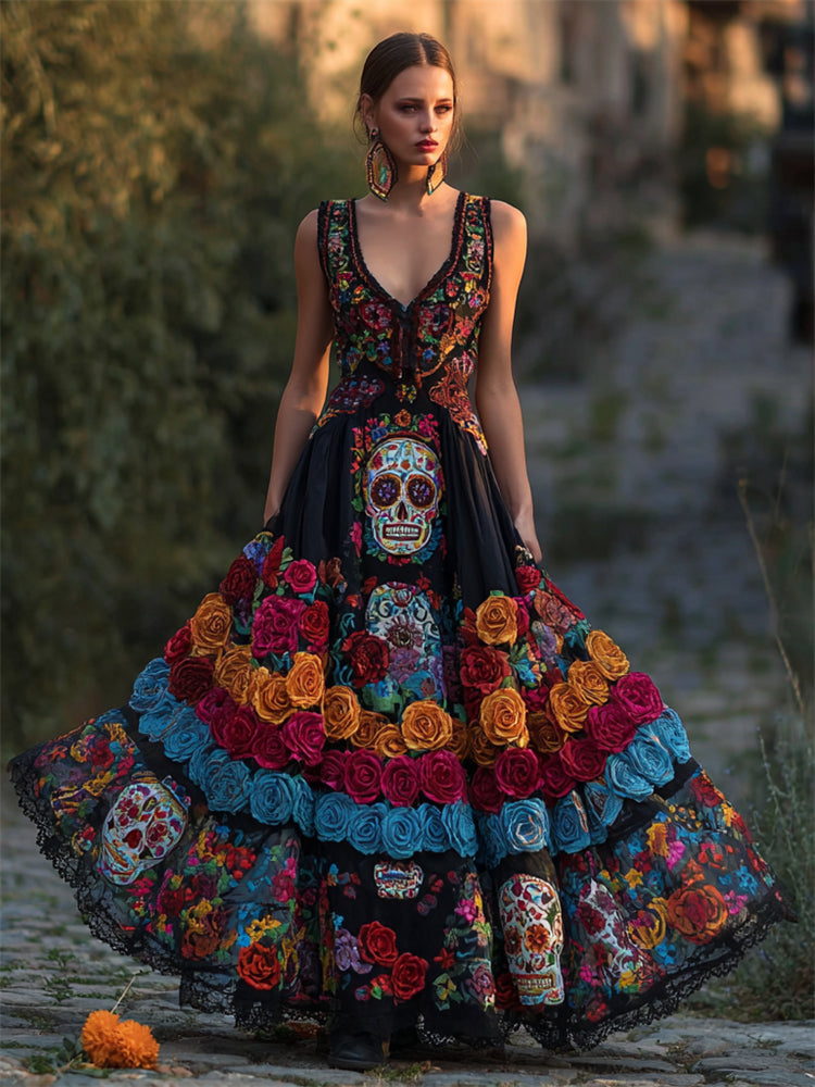 Day Of The Dead Sugar Skulls Colorful Roses Flowy Maxi Dress elevenforest