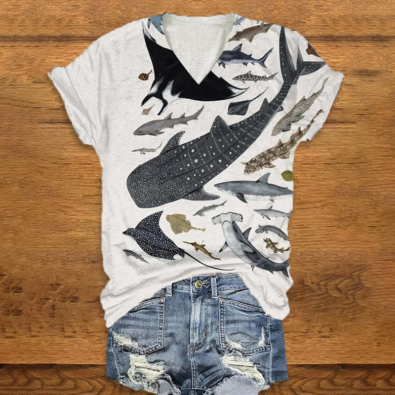 Women's Retro Dolphin Fish Flow Sea Art Print V Neck Tee elevenforest
