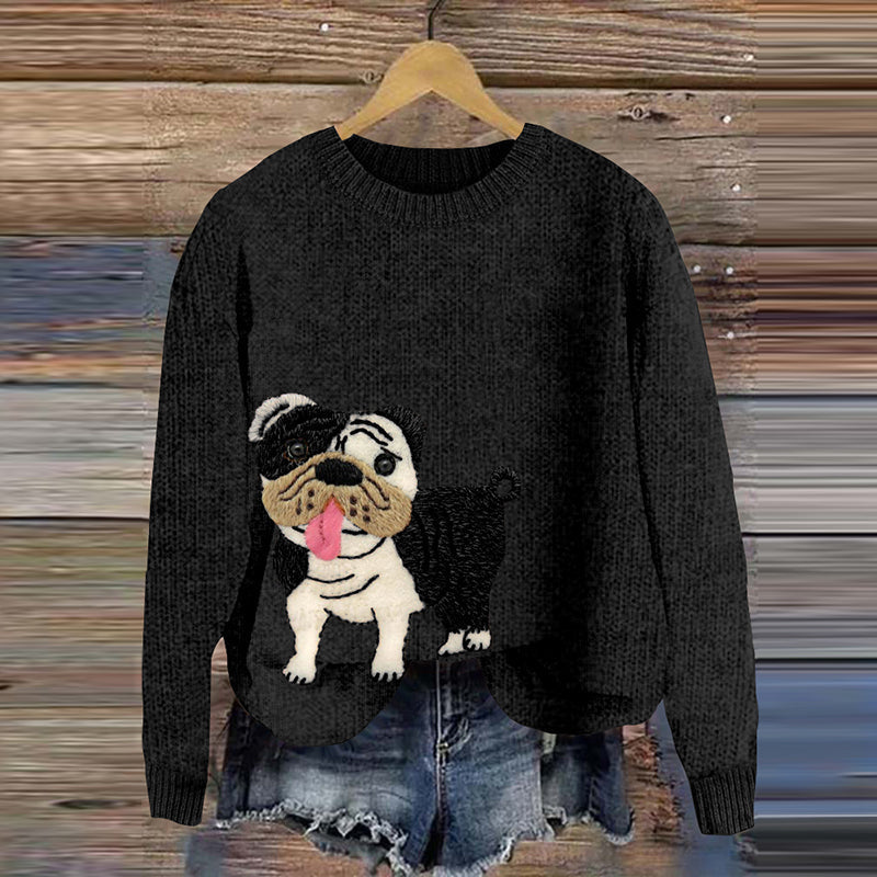 Comstylish Funny Mini English Bulldog Applique Cozy Sweater