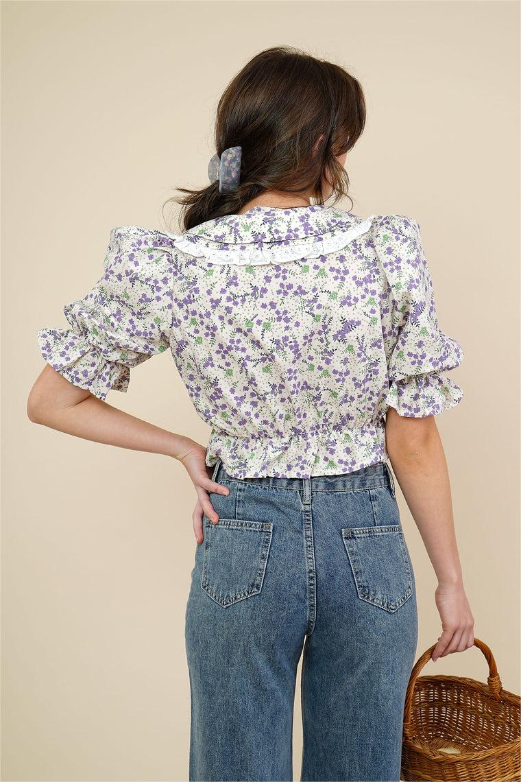 Puff Sleeve Peter Pan-colla Print Blouse White