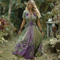 Vintage Gradient Purple Floral Embroidered Linen Short Sleeve Maxi Dress elevenforest