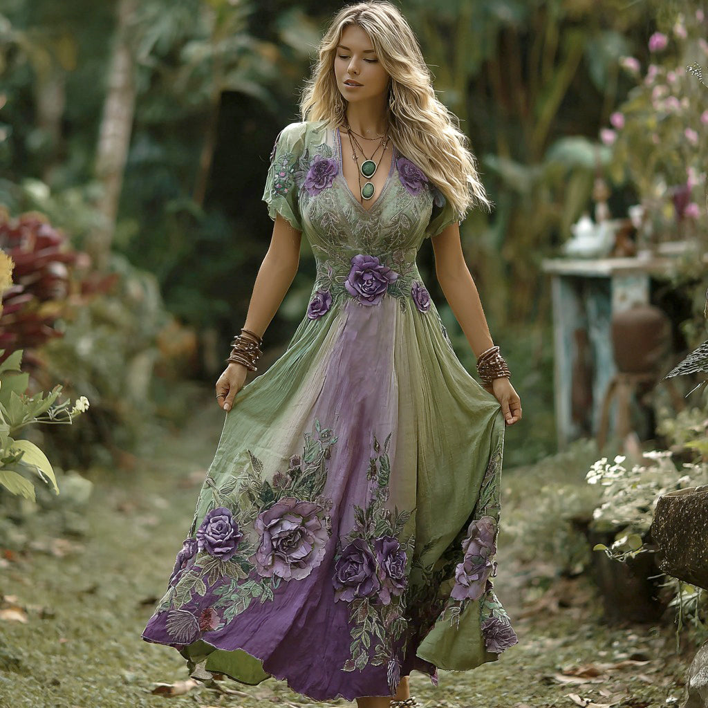 Vintage Gradient Purple Floral Embroidered Linen Short Sleeve Maxi Dress elevenforest