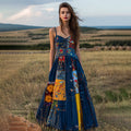 Women's Retro Ethnic Floral Stitching Denim Suspender Dress elevenforest