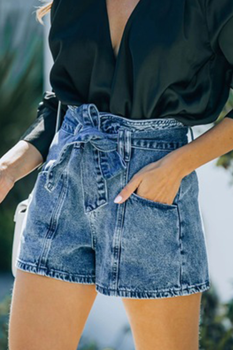 Pocket With Belt High Waist Denim Shorts