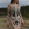 Women's Halloween Skeleton Bones With Rose Art Cozy Knit Mini Sweater Dress elevenforest