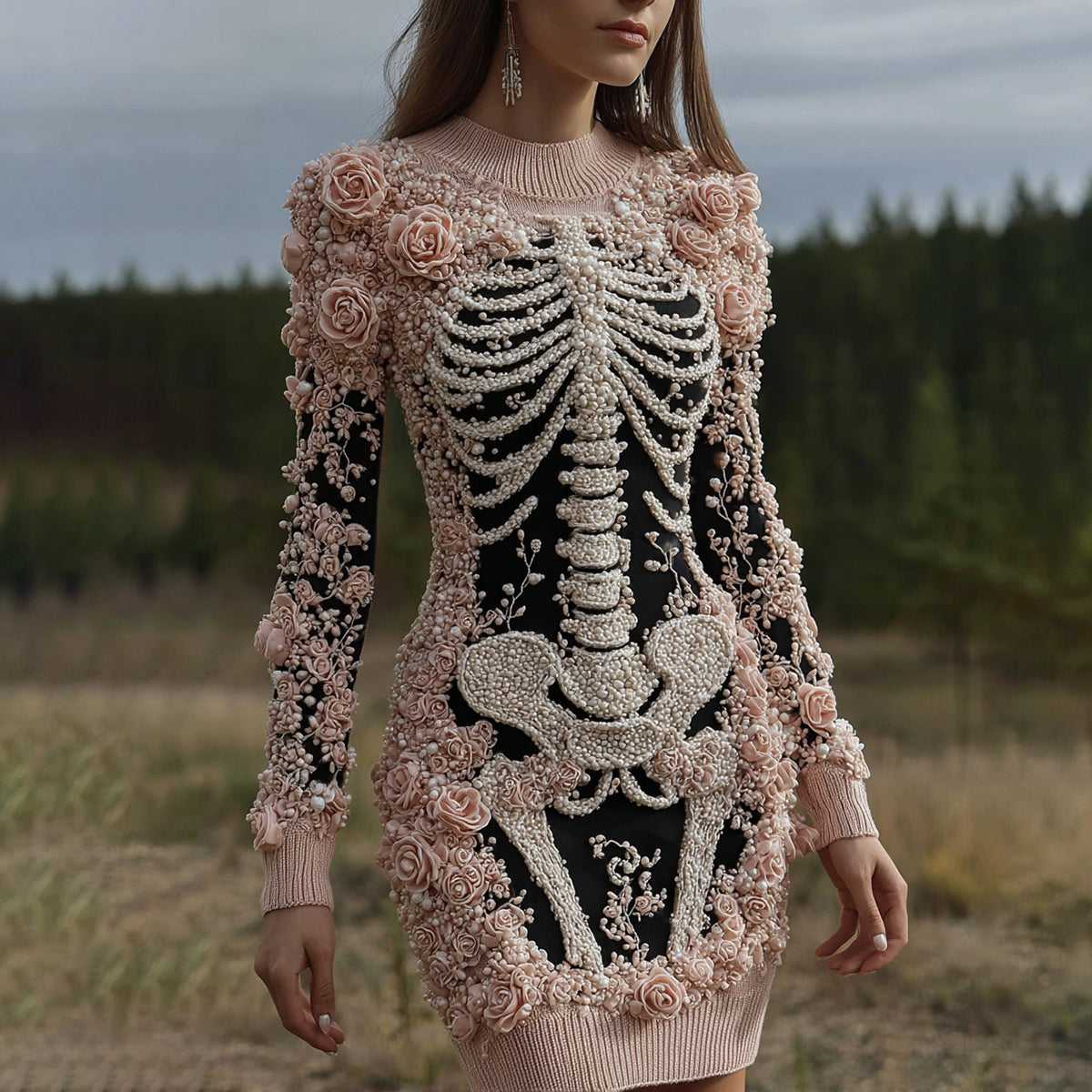 Women's Halloween Skeleton Bones With Rose Art Cozy Knit Mini Sweater Dress elevenforest