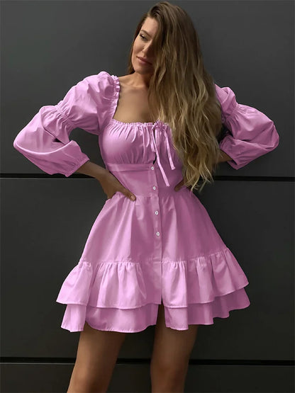 Tossy Lace-up Patchwork Ruffled Mini Dress ’s Square Collar Long Sleeve Party Dress Clothes Summer Dress