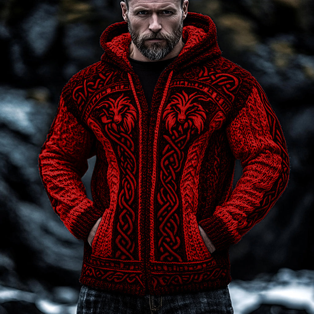 Men's Viking Wolf Style Celtic Thick Zip Hooded Sweater elevenforest