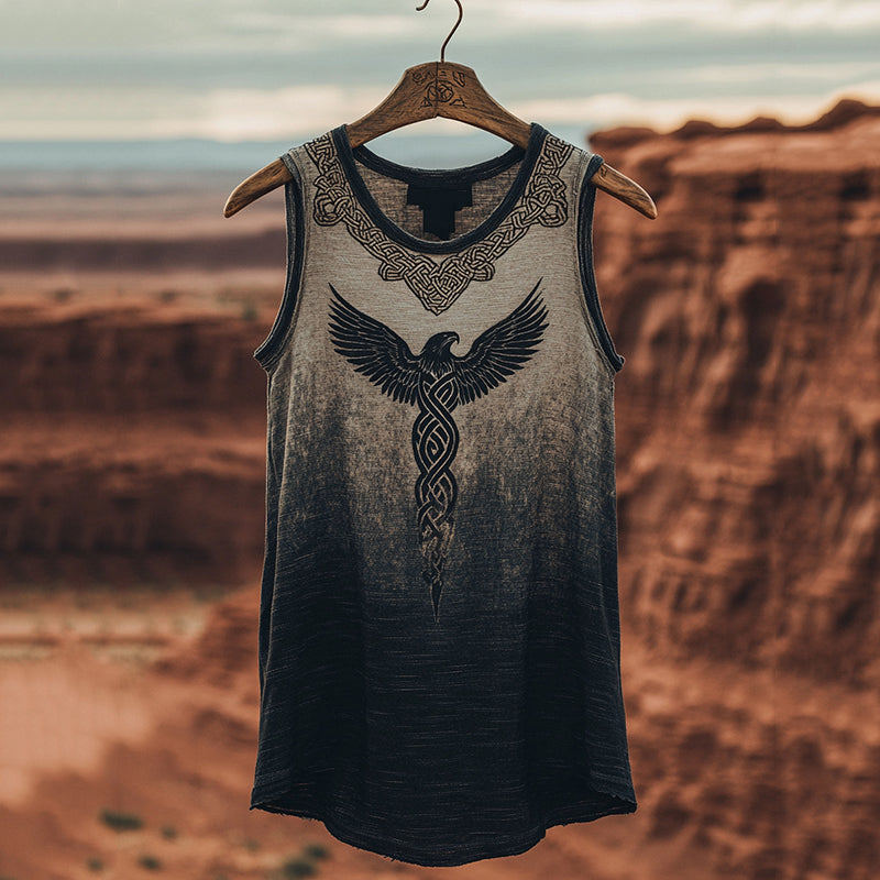 Women's Vintage Viking Eagle Celtic Gradient Art Linen Tank Top elevenforest