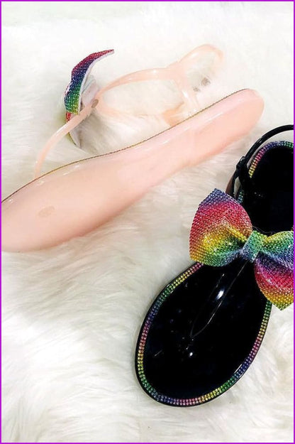 Bling Rainbow Crystal Bow Slippers Jelly Sandals Flat Slides De241