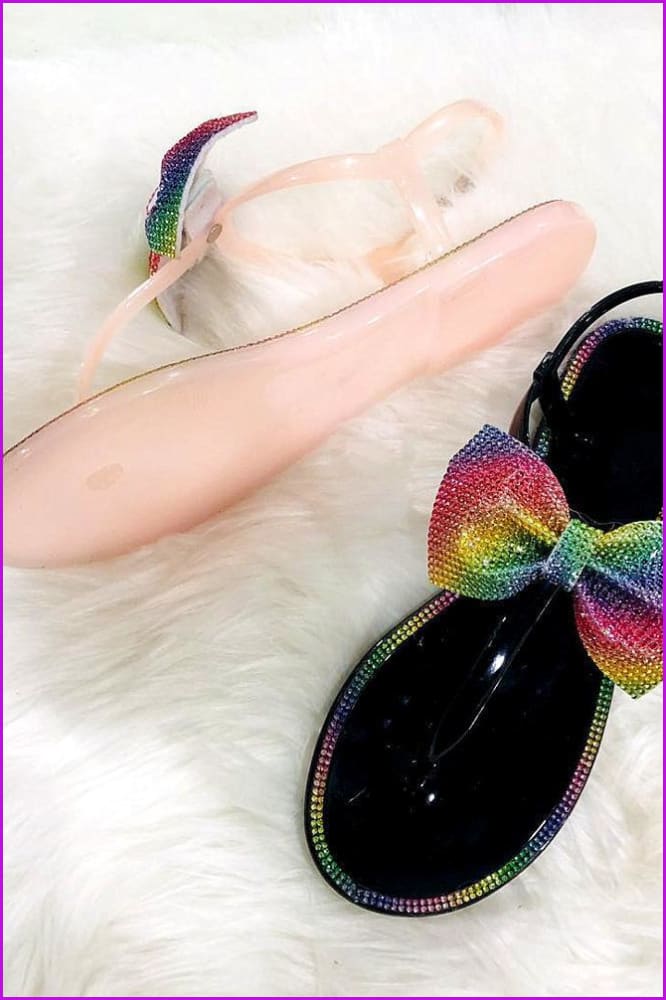 Bling Rainbow Crystal Bow Slippers Jelly Sandals Flat Slides De241