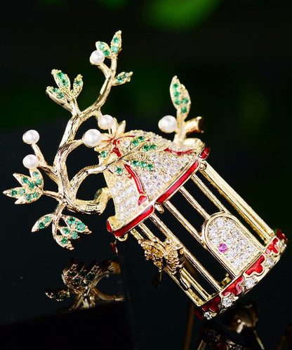 Yellow Zircon Crystal Pearl Bird Cage Brooches