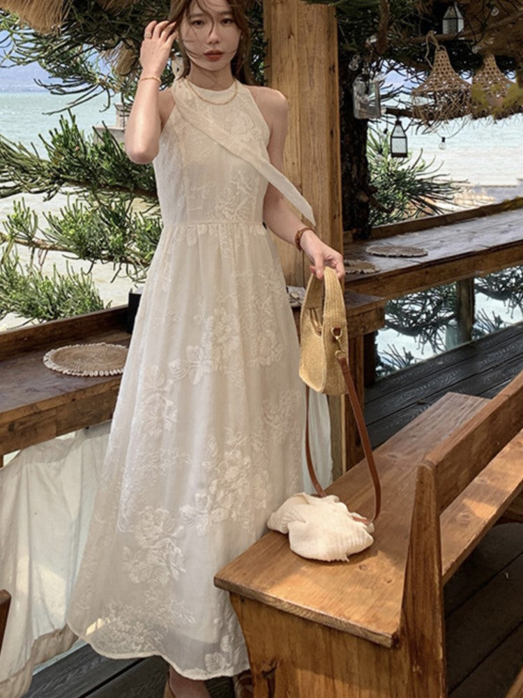 Sleeveless Midi Dresses for Summer New Embroidery A-line Korean Vestidos Mujer