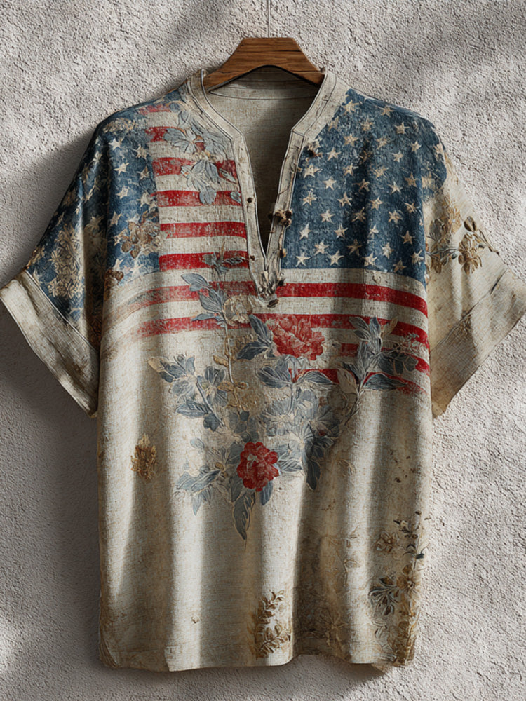 Independence Day Small V-neck Short-sleeved Shirt elevenforest