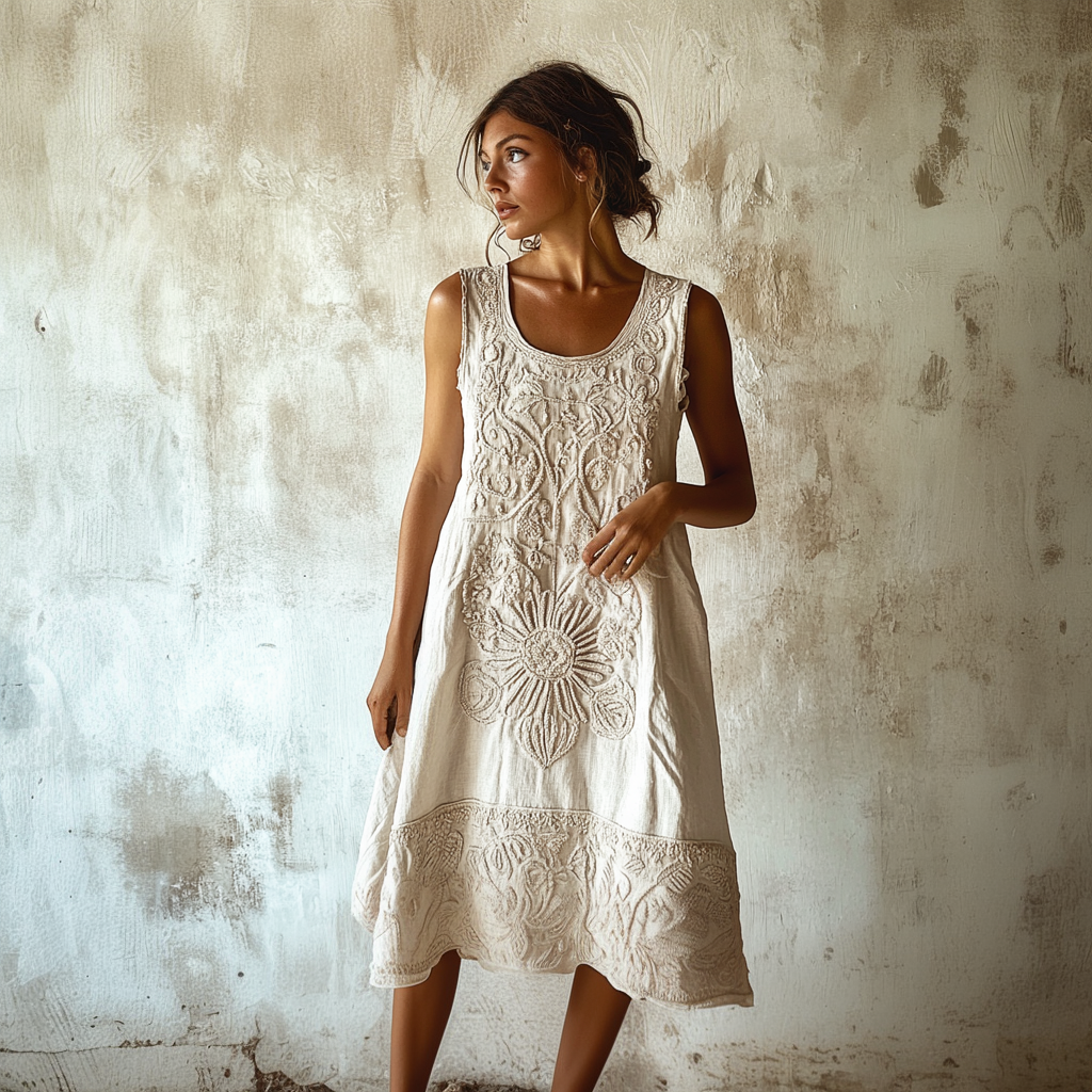 Vintage Floral Embroidery Art Linen Tank Dress elevenforest