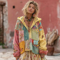 Women's Vintage Flower Embroidery Macaroon Color Patchwork Art Zipper Hoodie elevenforest