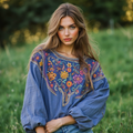 Retro Floral Embroidery Print Cotton And Linen Blend Loose Blouse elevenforest