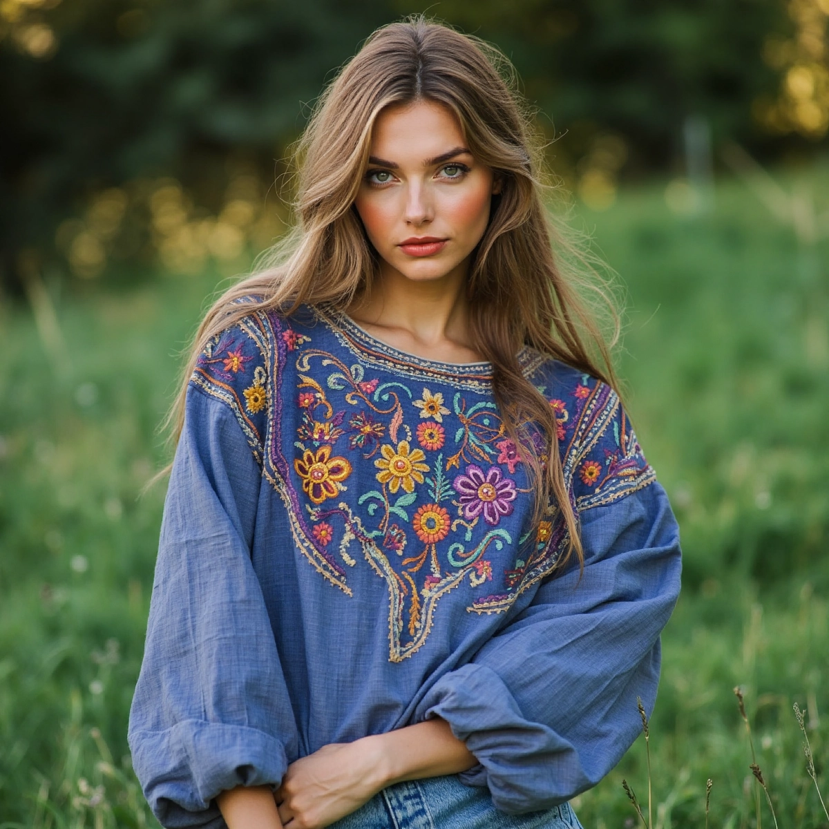 Retro Floral Embroidery Print Cotton And Linen Blend Loose Blouse elevenforest