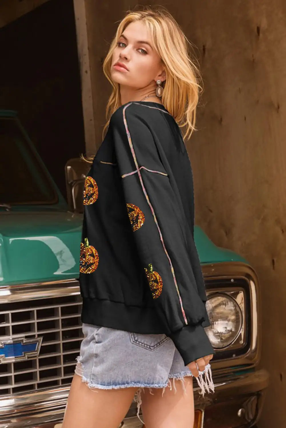 Sequin Pumpkin Halloween Sweatshirt