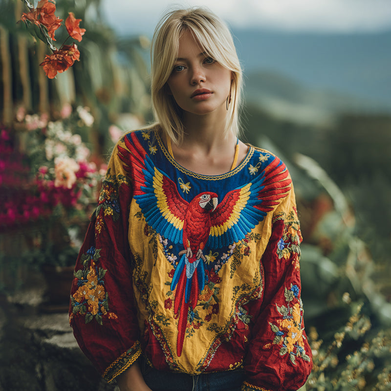 Women's Venezuela Parrot Floral Art  Long Sleeve Tunic elevenforest