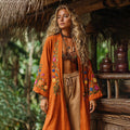 Retro Bohemian Floral Art Embroidery Print Cotton And Linen Blend Midi-length Kimono Cardigan elevenforest