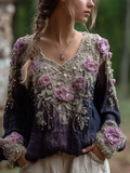 Bohemian Style Round Neck Long Sleeve 3d Purple Flower Design Cotton And Linen Top For Women elevenforest