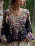Bohemian Style Round Neck Long Sleeve 3d Purple Flower Design Cotton And Linen Top For Women elevenforest