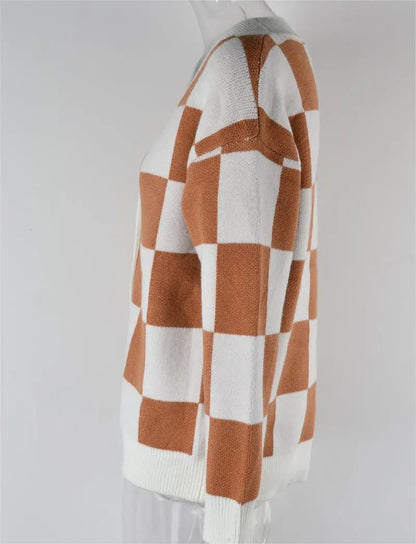 Autumn Winter Plaid Sweater Stitching Cardigan Top Knitted Coat Tide
