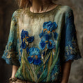 Vintage Irises Embroidered Gradient Flowy Linen Tunic elevenforest