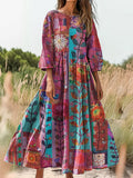 Women's Bohemian Flower Collage Art Print Flowy Cotton Crew Neck Dress