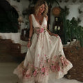 Vintage Floral Art Embroidered Linen Sleeveless Maxi Dress elevenforest