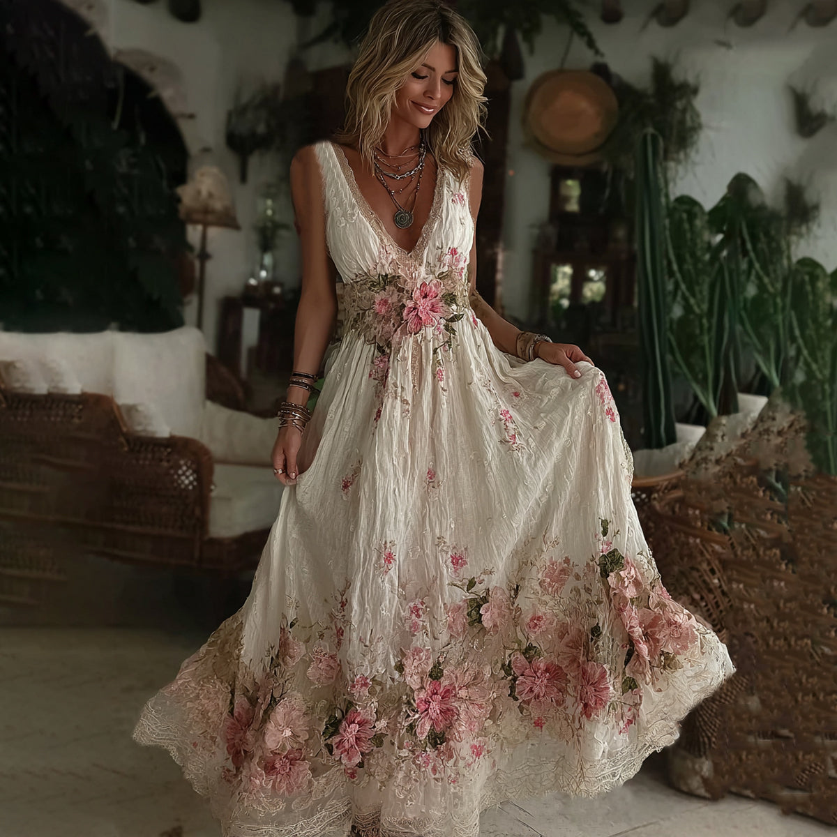 Vintage Floral Art Embroidered Linen Sleeveless Maxi Dress elevenforest