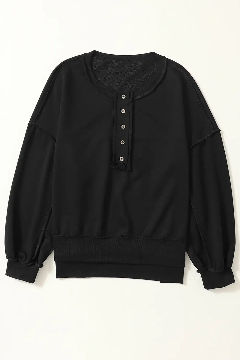 Black Drop Shoulder Henley Sweatshirt