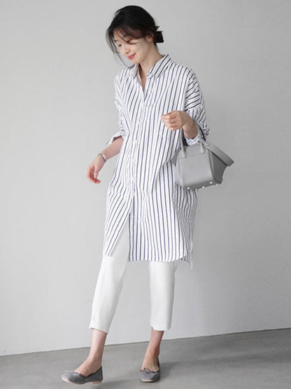 Urban Loose Color Striped Lapel Blouse Top