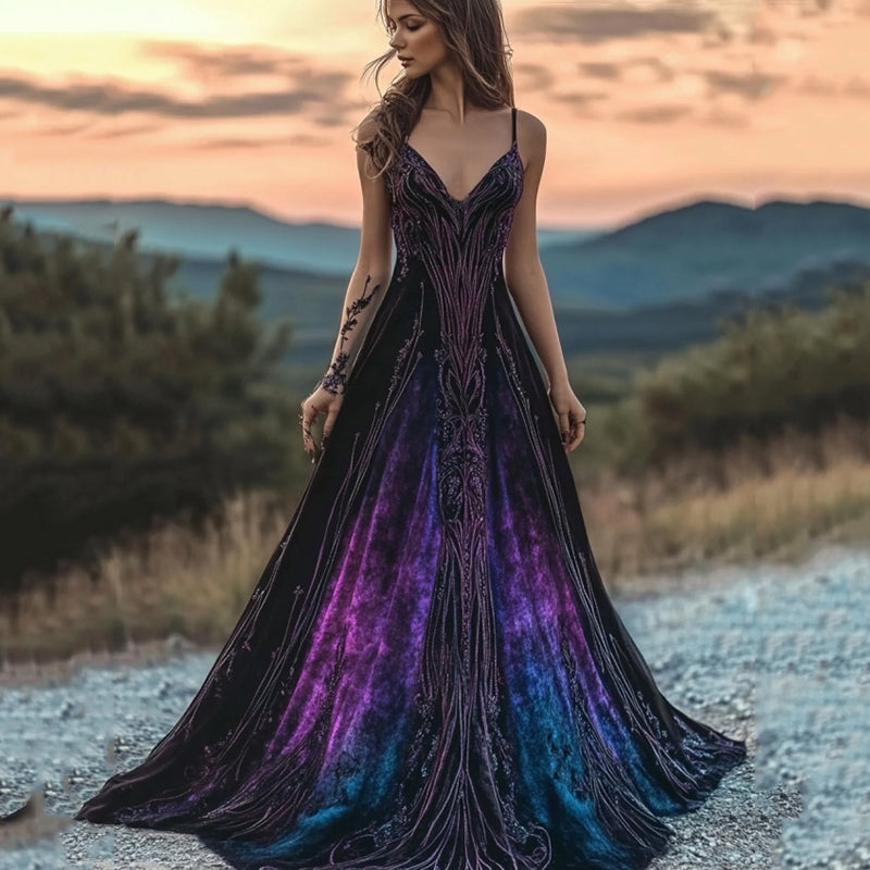 Women's Viking Purple Gradient Pattern V Neck Sleeveless Maxi Dress elevenforest