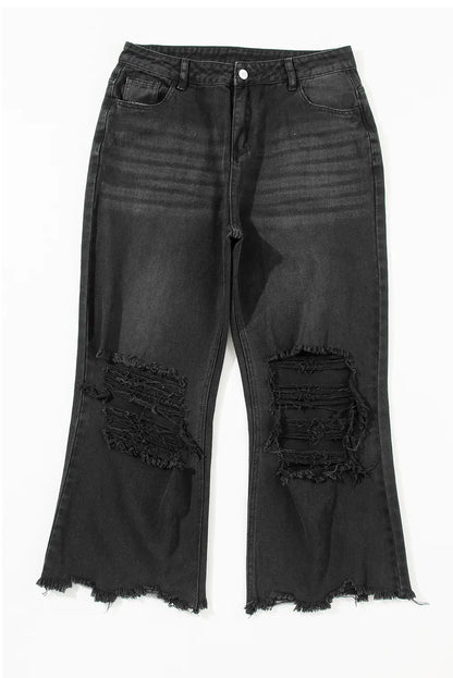Black Distressed Cropped Flare Jeans