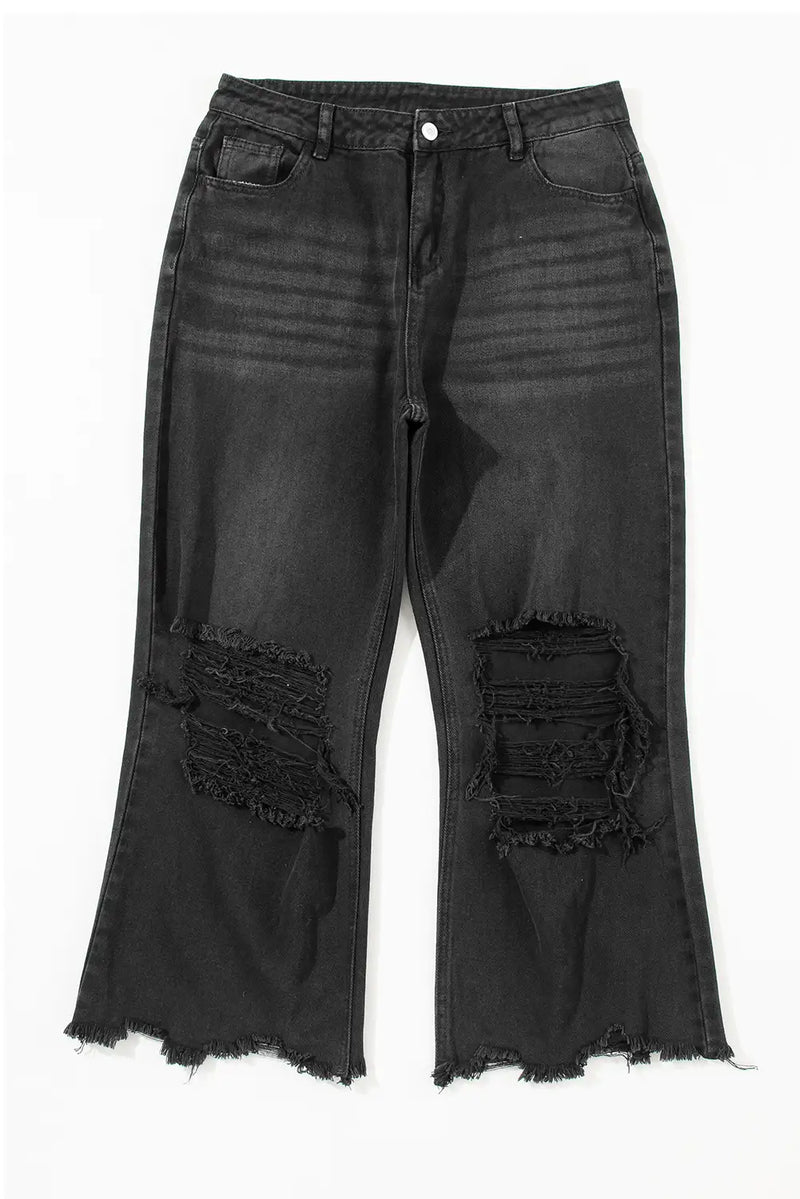 Black Distressed Cropped Flare Jeans