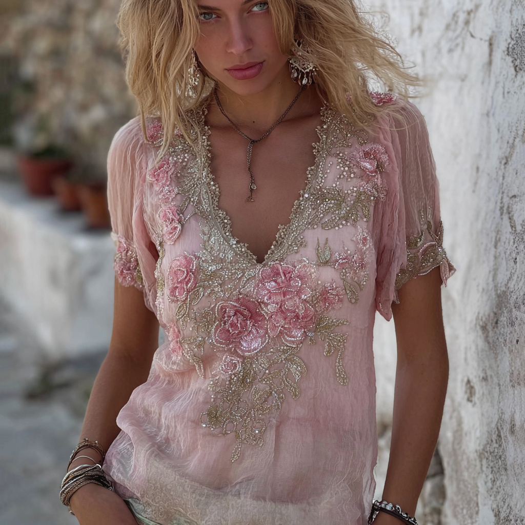 Boho Glitter Pink Roses Lace Flowy Linen Tunic elevenforest