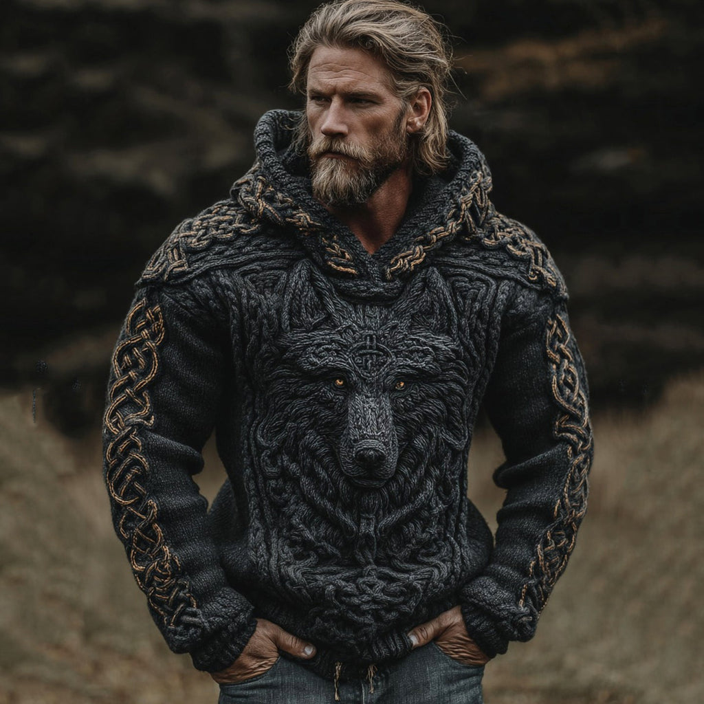 Men's Viking Wolf Celtic Knot Jacquard Knitted Hooded Sweater elevenforest