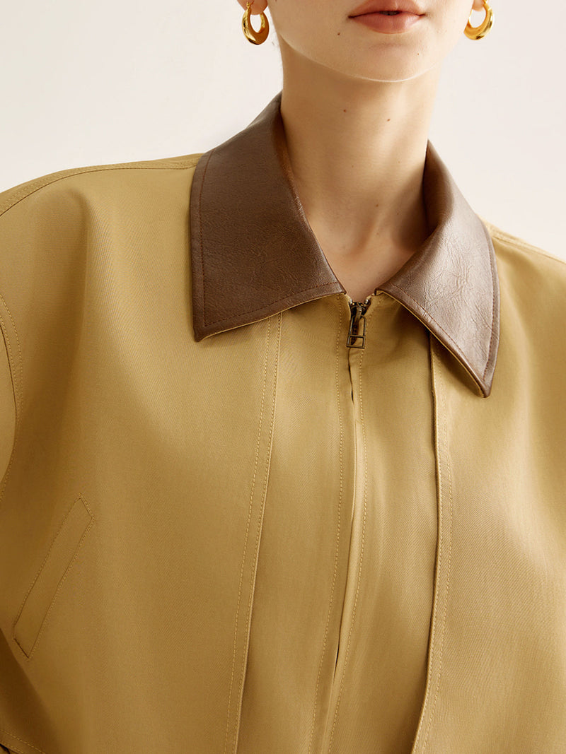 Contrast-collar Zipper Trench Coat