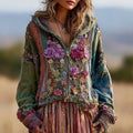 Women's Vintage Floral Pattern Comfortable Warm Zip Hooded Cardigan elevenforest