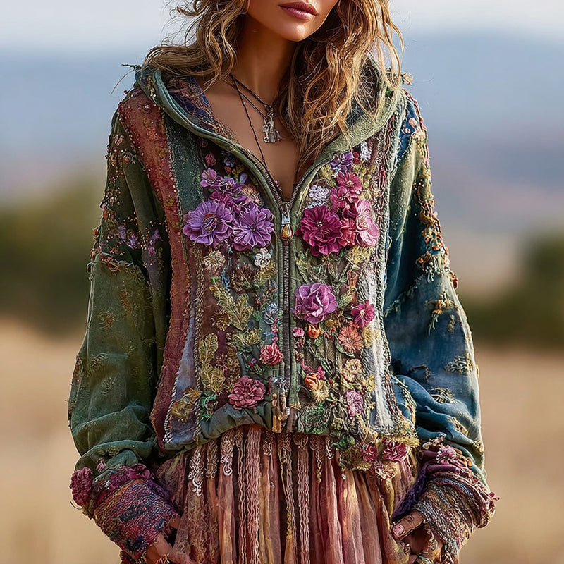 Women's Vintage Floral Pattern Comfortable Warm Zip Hooded Cardigan elevenforest