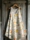 Women's Vintage Ethnic Flower Art Print V-neck Pocket Cotton Dress
