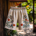 Vintage Floral Embroidered Casual Linen Shorts elevenforest