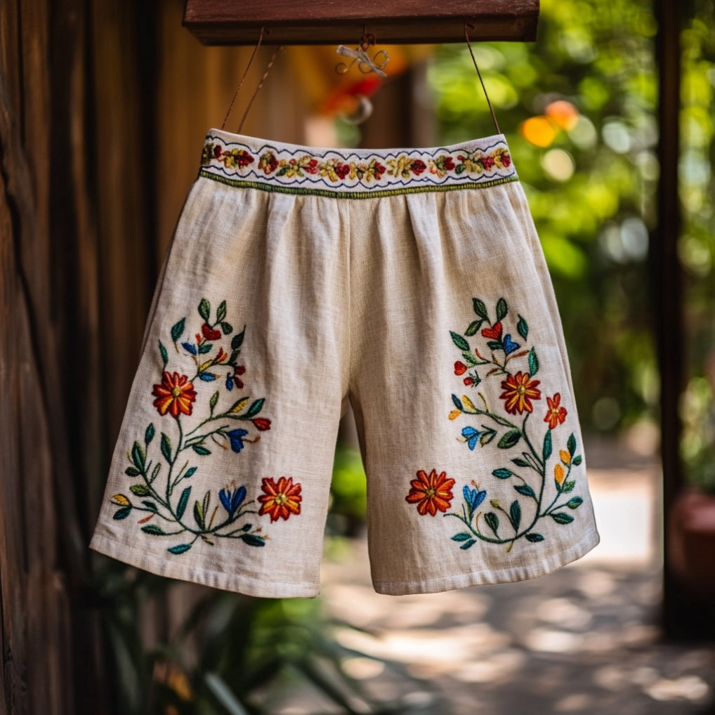 Vintage Floral Embroidered Casual Linen Shorts elevenforest