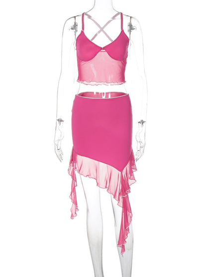 Tossy Ruffled Female 2 Piece-set Mini Dress Mesh See-through Camisole and Skirt Sets Party Looks for Outfits