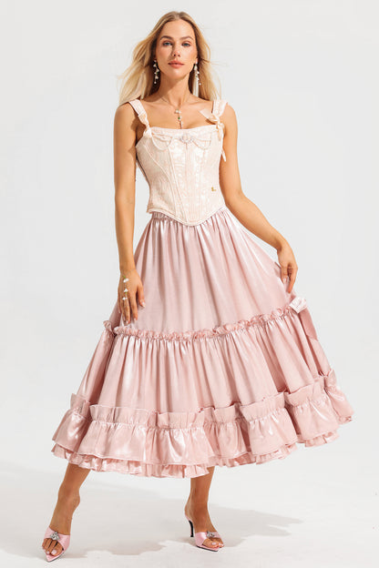 Mid Waist Ruffle Midi Skirt